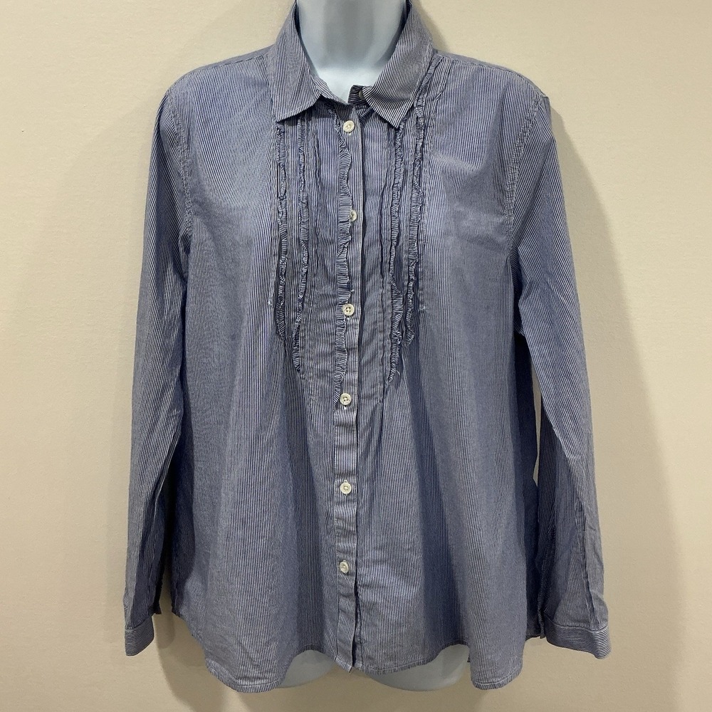 American Eagle Womens Blue Striped Casual Button Up Ruffle Office Sz XL